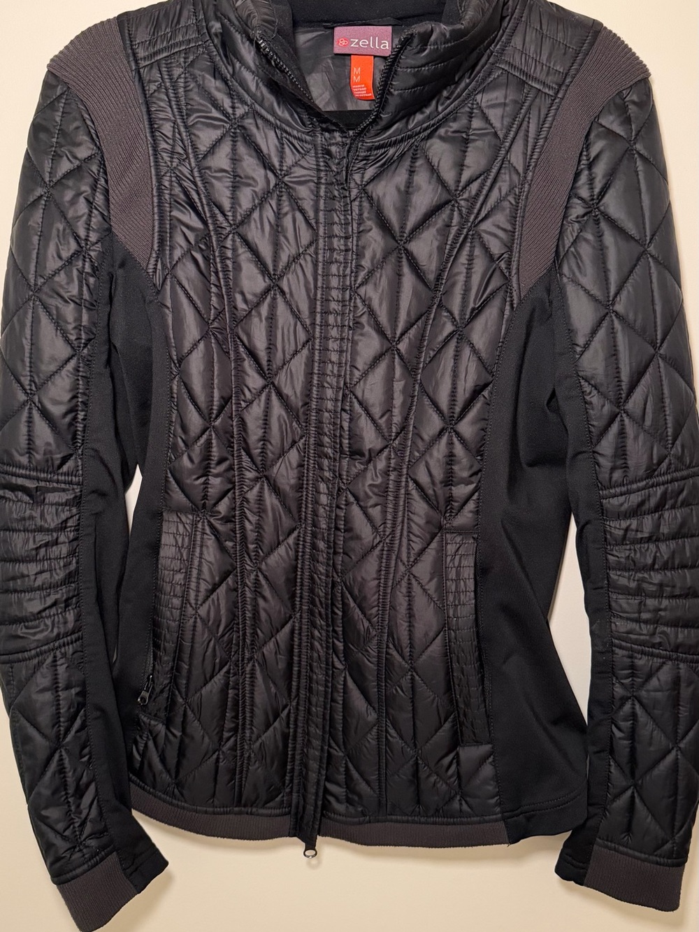 Zella Black Quilted Puffer Jacket with Knit Panels